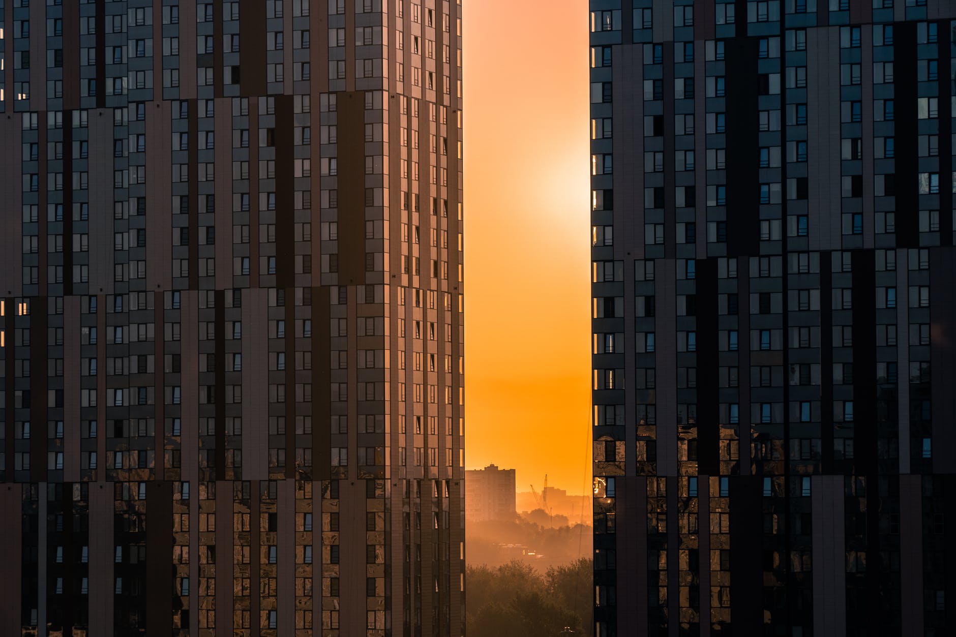 twin towers with sunset background